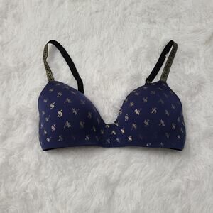 Victoria's Secret Womens Sz 36D Blue Gold T-Shirt Lightly Lined Wireless Bra